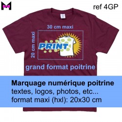 Marquage numérique personnalisé POITRINE pour vêtements grand format poitrine (hxl : 20x30) cm maxi, mini 10, tout compris.