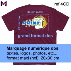 Marquage numérique personnalisé DOS pour vêtements grand format dos (hxl : 20x30) cm maxi, mini 10, tout compris.