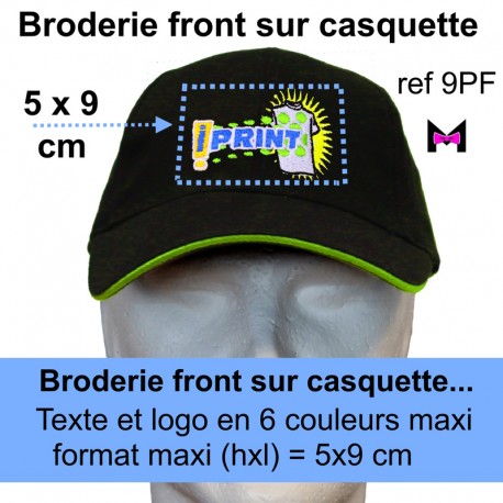 Broderie personnalisée FRONT pour casquettes petit format front (hxl : 5x9) cm maxi, mini 10, tout compris.