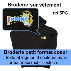 Broderie personnalisée COEUR pour vêtements petit format côté cœur (hxl : 5x9) cm maxi, mini 10, tout compris.